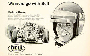 1968 Ad Vintage Bell Helmet Bobby Unser Race Car Driver Champion Racing YHR3 1968 Ad Vintage Bell Helmet Bobby Unser Race Car Driver Champion Racing YHR3