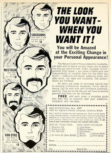 1968 Ad Vintage Fake Beard Mustache Sideburns Men Hairpiece Costume UNUSUAL YHR3