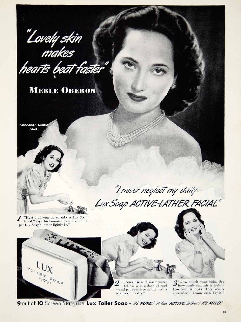 1942 Ad Vintage Lux Toilet Soap Merle Oberon Movie Actress Star Beauty Skin YHS1