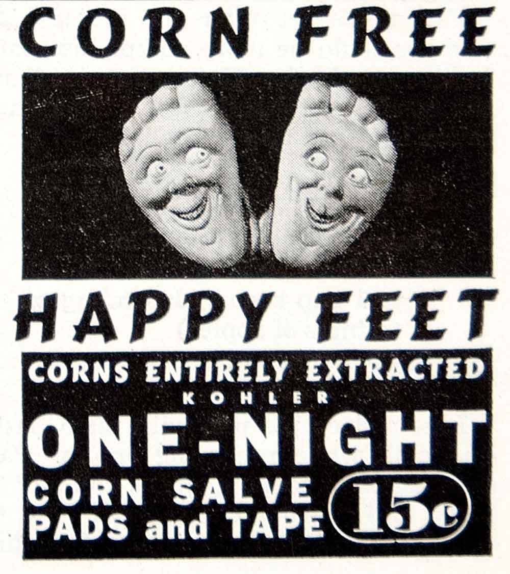 1939 Ad Vintage Kohler One-Night Corn Salve Pads Removal Happy Feet Foot YHS1
