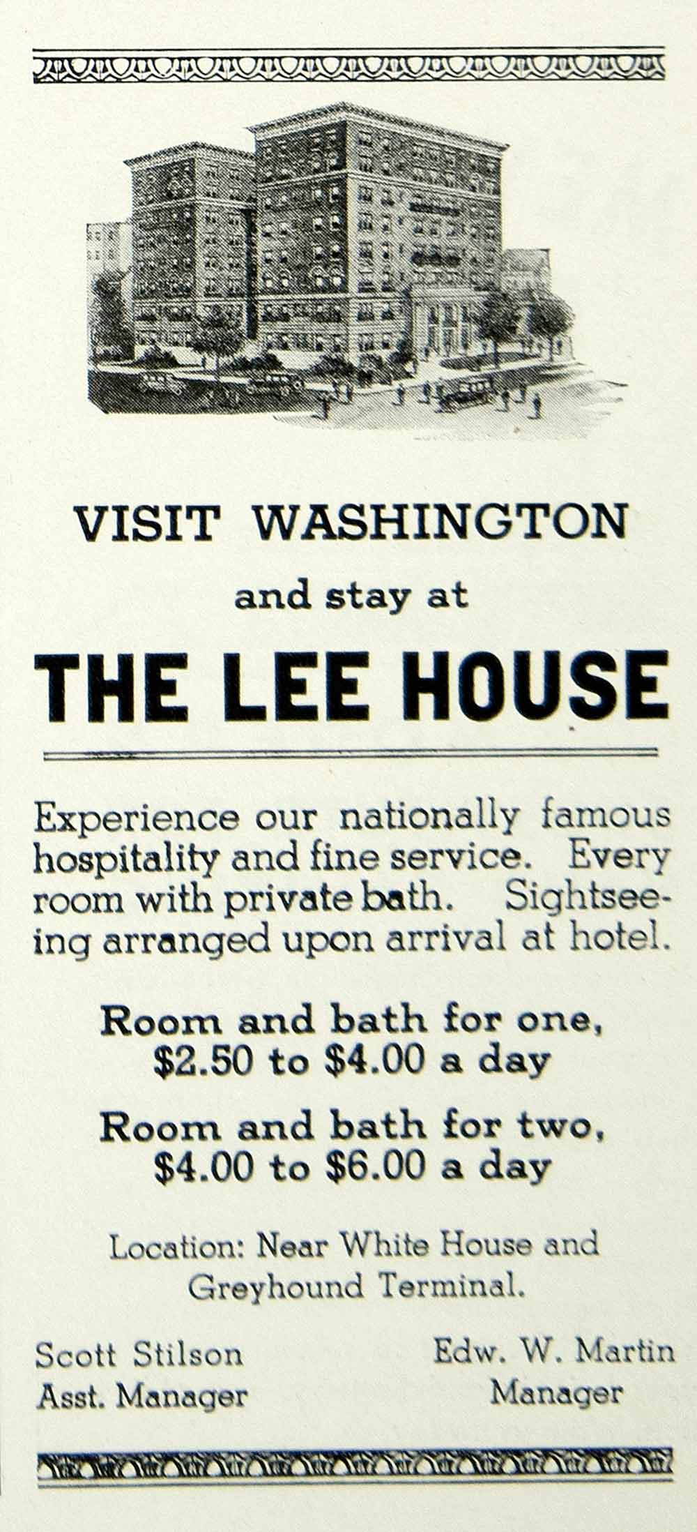 1934 Ad Lee House Hotel Scott Stilson Edward Martin Greyhound Terminal YHT1