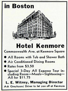 1940 Ad Boston Hotel Kenmore L E Whitney Lodging Greyhound Commonwealth YHT1