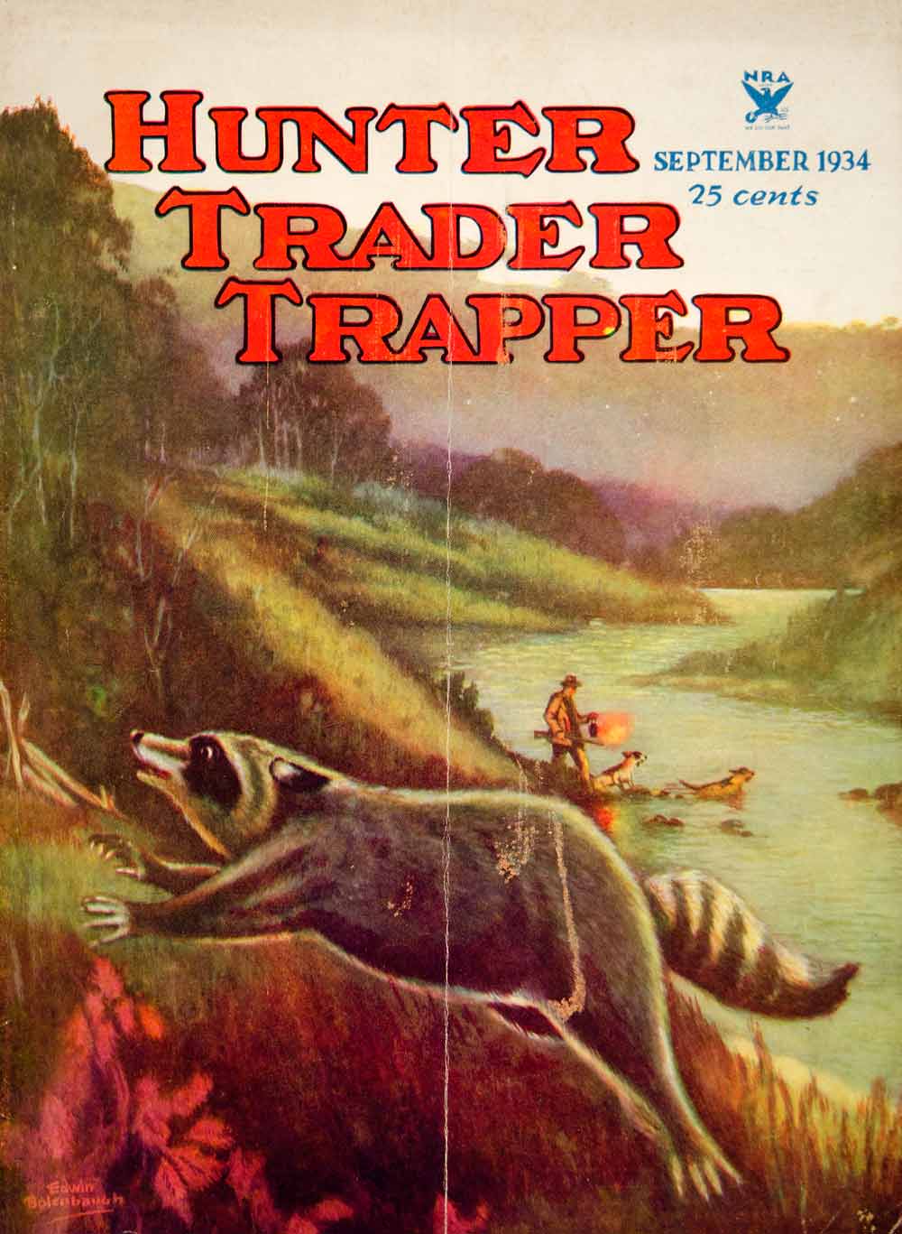 1934 Cover Hunter Trader Trapper Raccoon Edwin Bolenbaugh Art River Dogs YHTT1