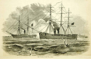 1857 Wood Engraving USS Niagara Steamship Nautical Historical Marine Mast YHW1