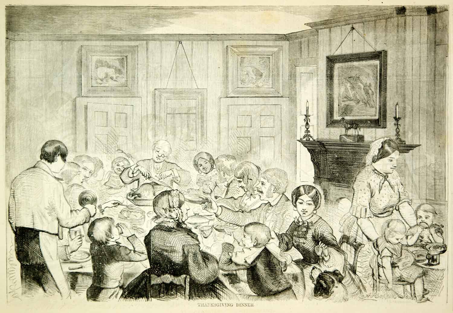 1857 Wood Engraving Thanksgiving Dinner Children's Table Holiday Feast YHW1