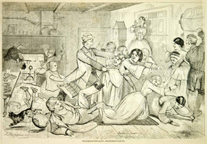 1857 Wood Engraving Thanksgiving Blindman's Bluff Game Family Holiday YHW1