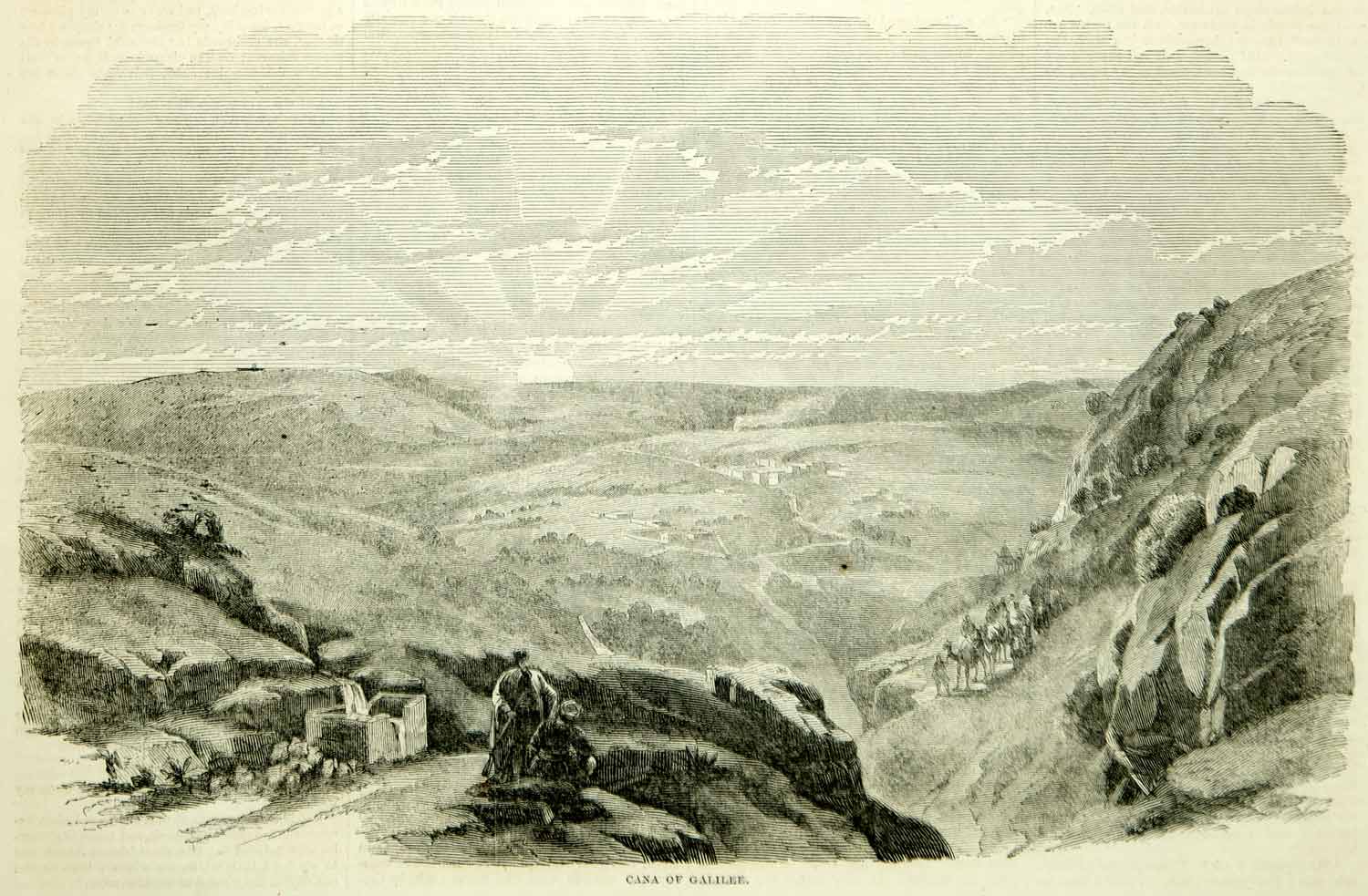 1857 Wood Engraving Cana Galilee Valley Holy Land Landscape View Sunrise YHW1