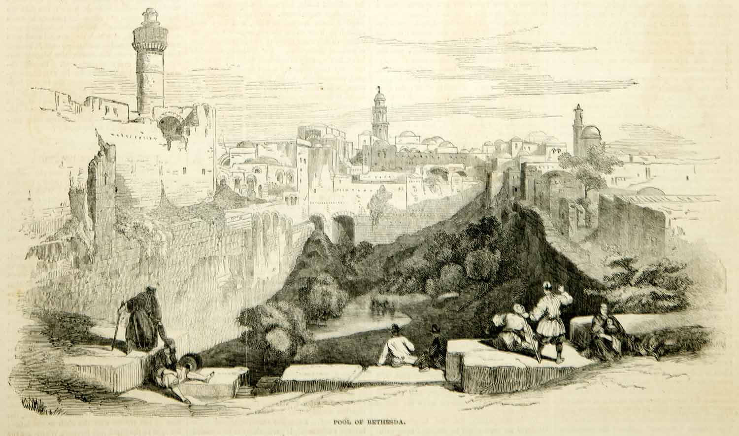 1857 Wood Engraving Pool Bethesda Jerusalem Biblical Minaret Religious Site YHW1