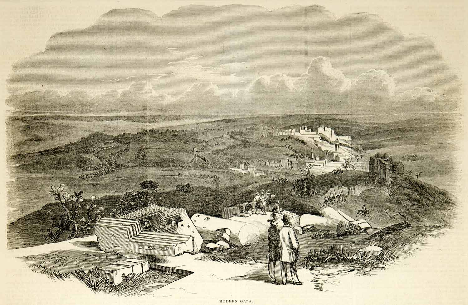 1857 Wood Engraving Gaza Palestine Holy Land Historical Ruins Mountain View YHW1