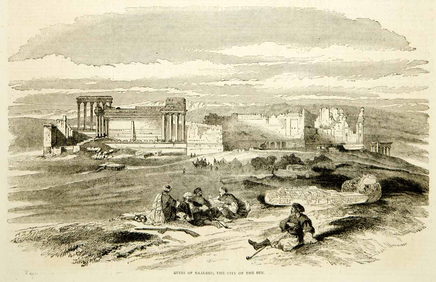 1857 Wood Engraving Ruins Baalbec Ruins Site Baalbek Baalbeck Heliopolis YHW1