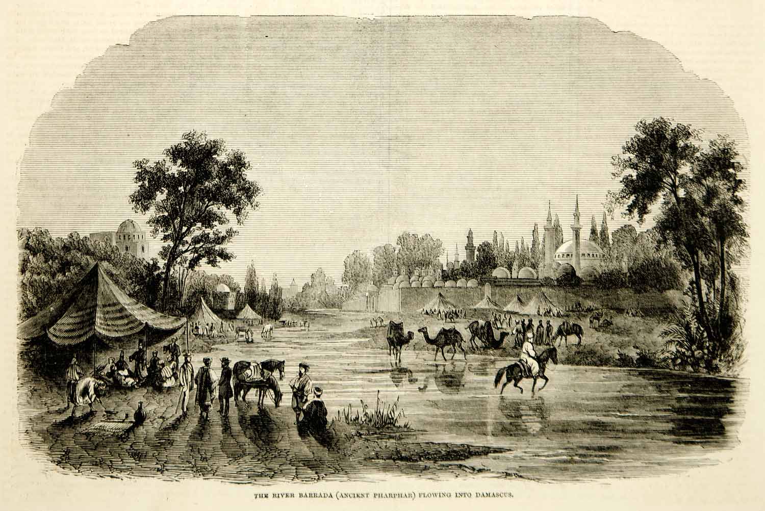 1857 Wood Engraving River Barrada Pharphar Damascus Camels Banks Barada YHW1