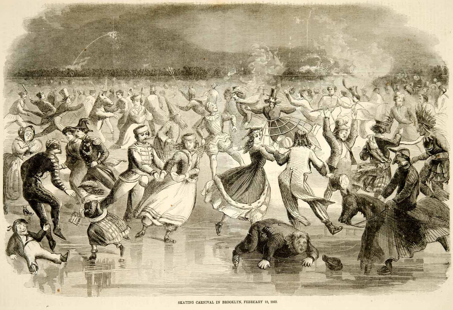 1862 Wood Engraving Ice Skating Carnival Brooklyn NY Costume Party YHW2 - Period Paper
