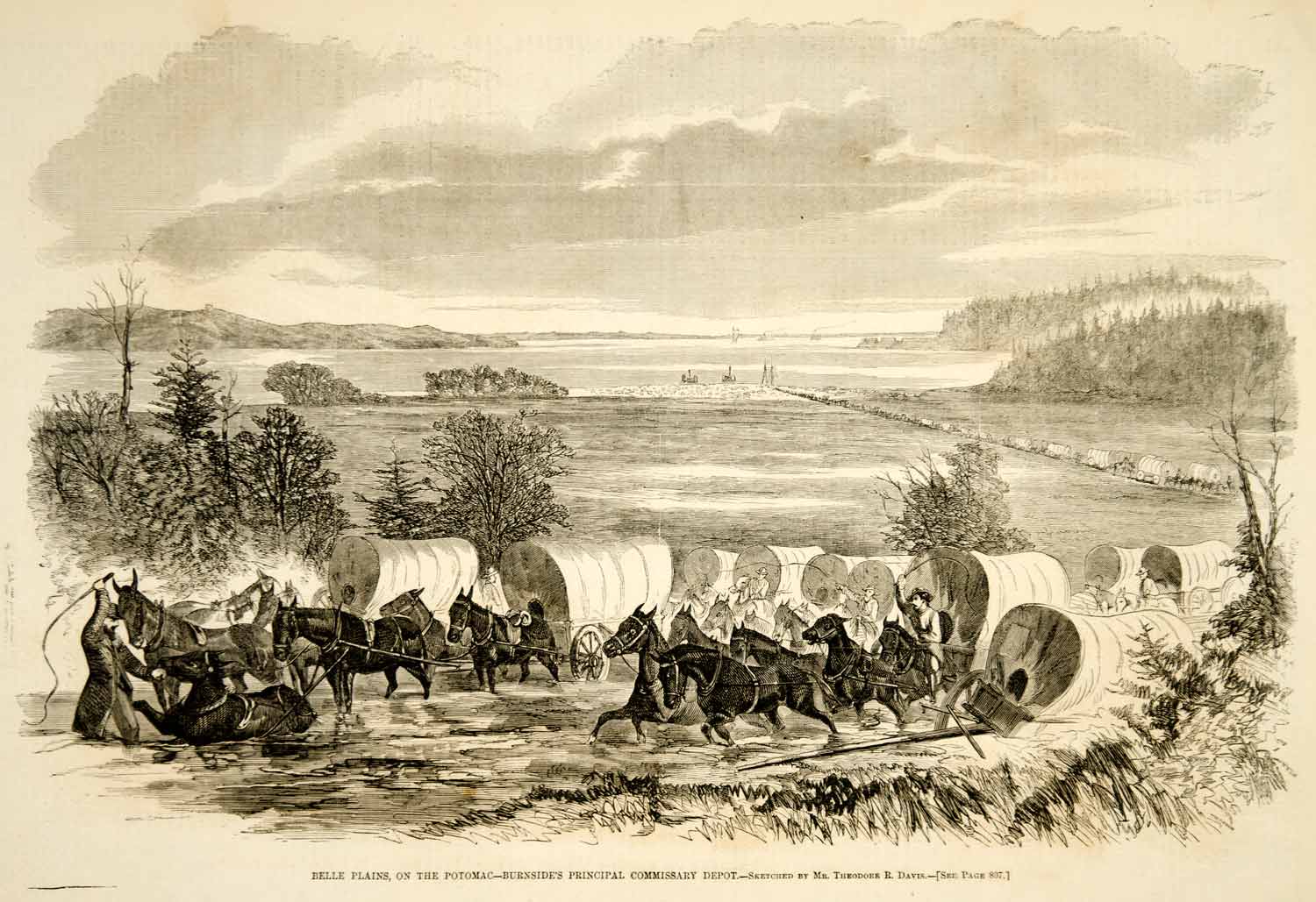1862 Wood Engraving Theodore R Davis Belle Plains Potomac River US Civil YHW2