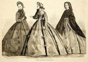 1864 Wood Engraving Paris France Fashions Victorian Women Carriage Dress YHW2