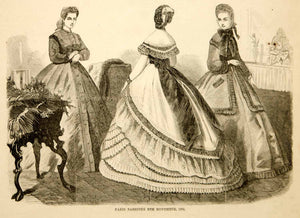 1864 Wood Engraving Paris France Ladies Fashions Victorian Women Dress YHW2