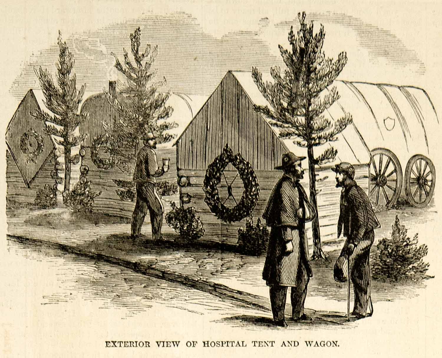 1865 Wood Engraving Union Army Hospital Tent Wagon Siege Petersburg VA YHW2