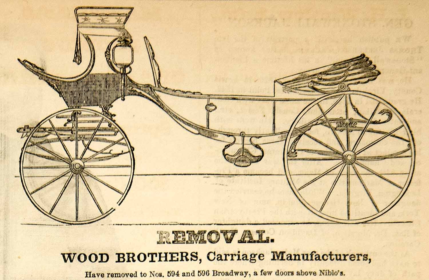 1863 Ad Wood Brothers Horse Coach Carriage 594 596 Broadway NYC Victorian YHW2