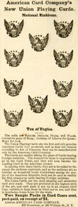 1864 Ad Union Playing Cards 455 Broadway 165 Williams Street NYC Game Eagle YHW2