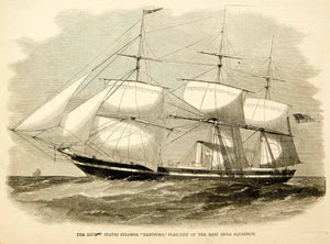 1865 Wood Engraving Steamship Hartford Flagship India Squadron Sailing Mast YHW3