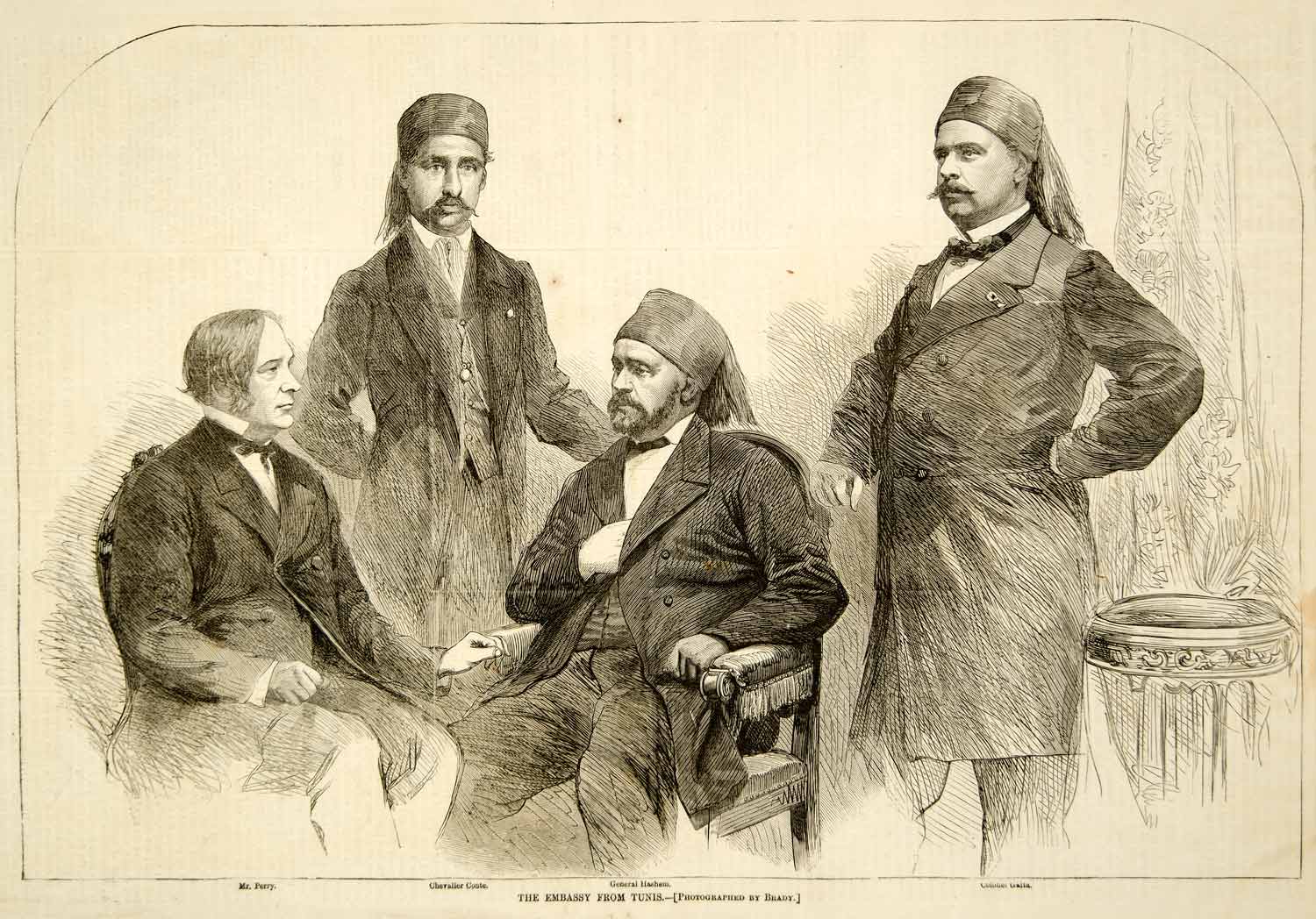 1865 Wood Engraving Embassy Tunisian Perry Chevalier Conte General Hashem YHW3