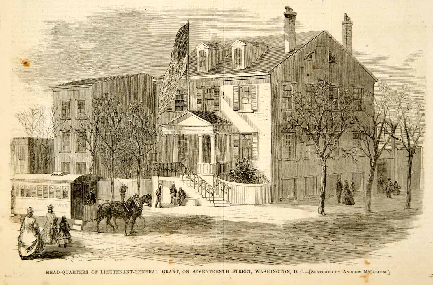 1865 Wood Engraving General Ulysses Grant Building Seventh Street YHW3