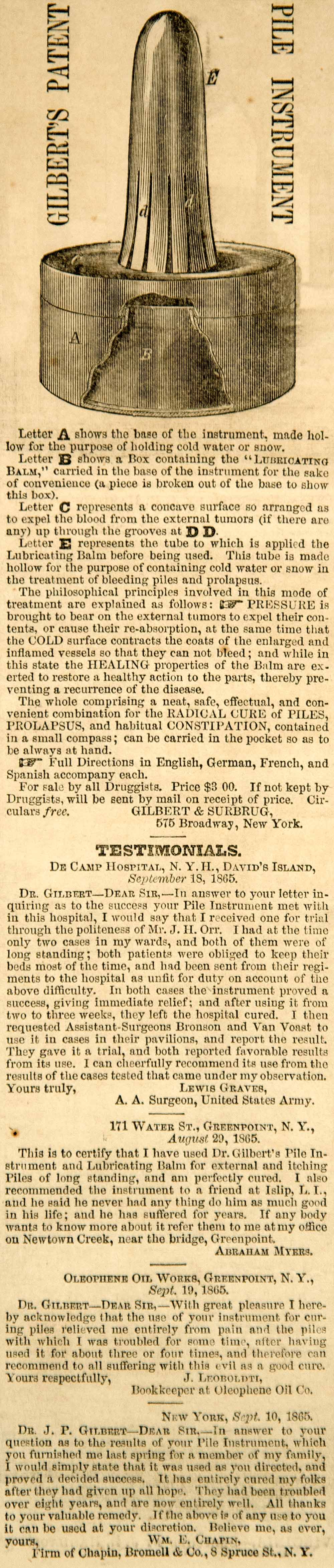 1865 Ad Dr. Gilbert Piles Hemorrhoids Treatment Prolapsus Constipation YHW3