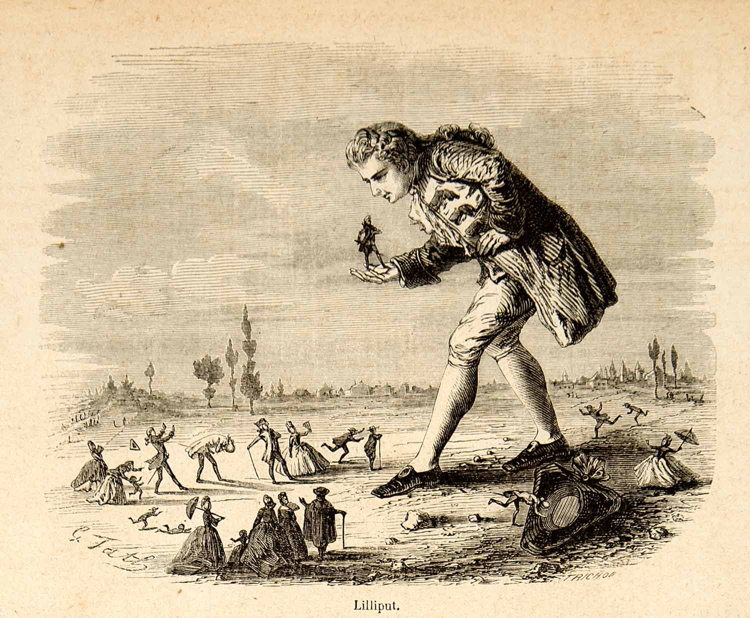 1856 Wood Engraving Jonathon Swift Lemuel Gulliver's Travels Lilliputian YJPT1