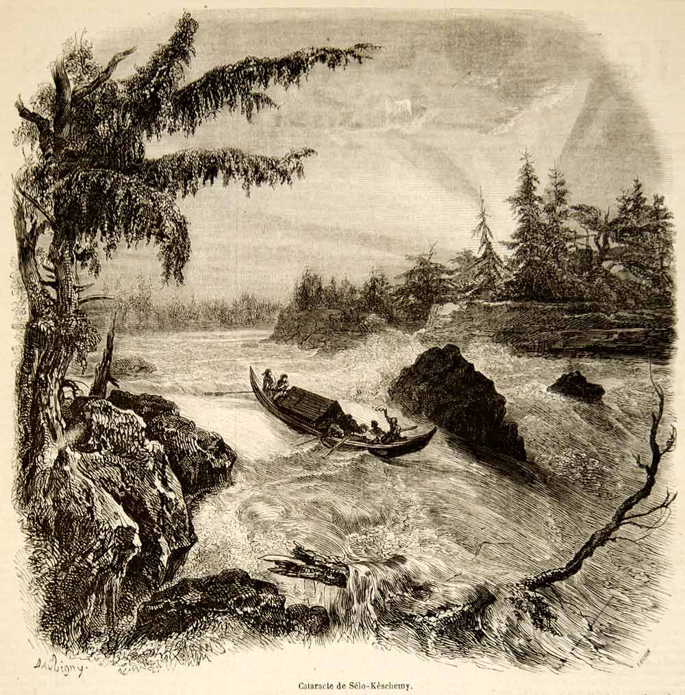 1856 Wood Engraving Cataract Sleo-Keschemy Siberia Rapids Boat Forest YJPT1