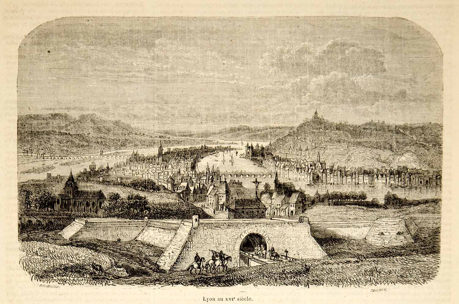 1856 Wood Engraving Lyon Cityscape 16th Century View Historical France YJPT1