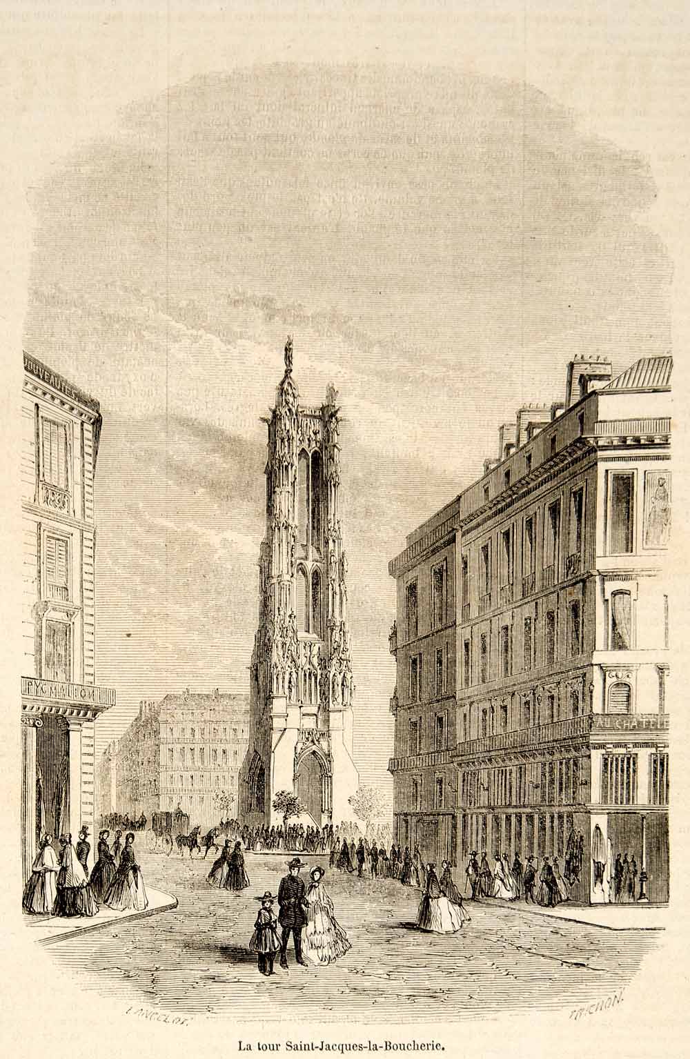 1856 Wood Engraving Tower Saint-Jacques-la-Boucherie Flamboyant France YJPT1