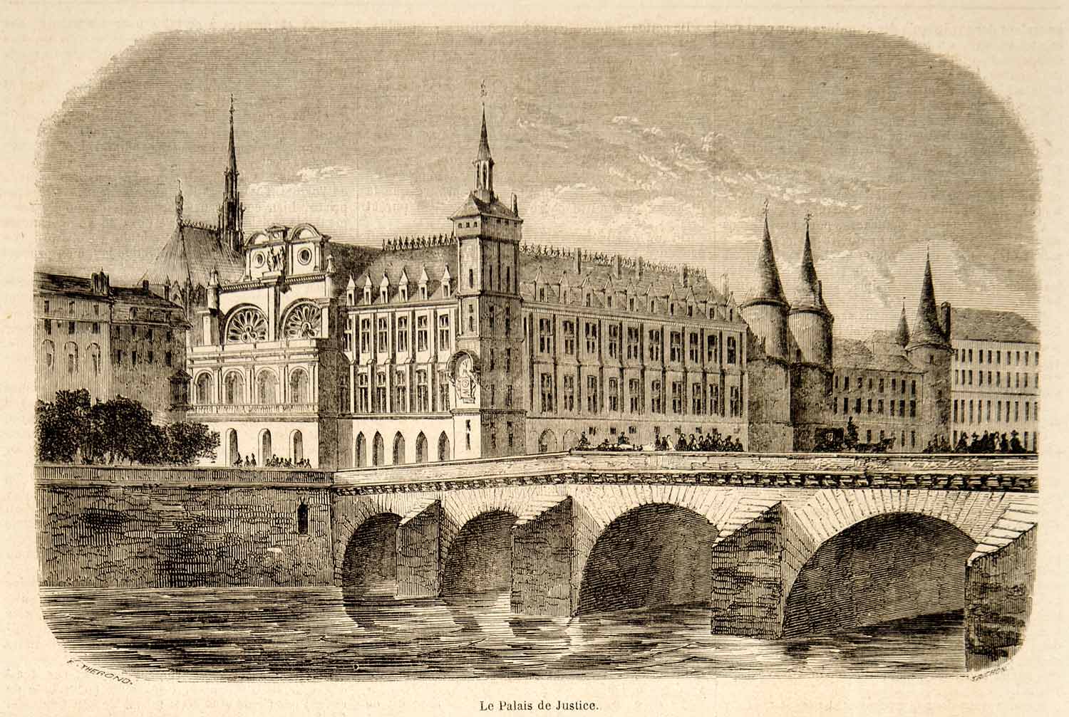 1856 Wood Engraving Palais Justice Paris Seine Landmark Architecture YJPT1