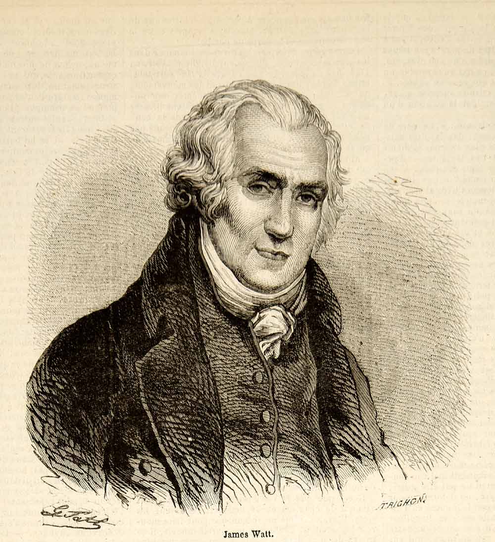 1857 Wood Engraving James Watt Portrait Scottish Engineer Industrial YJPT1