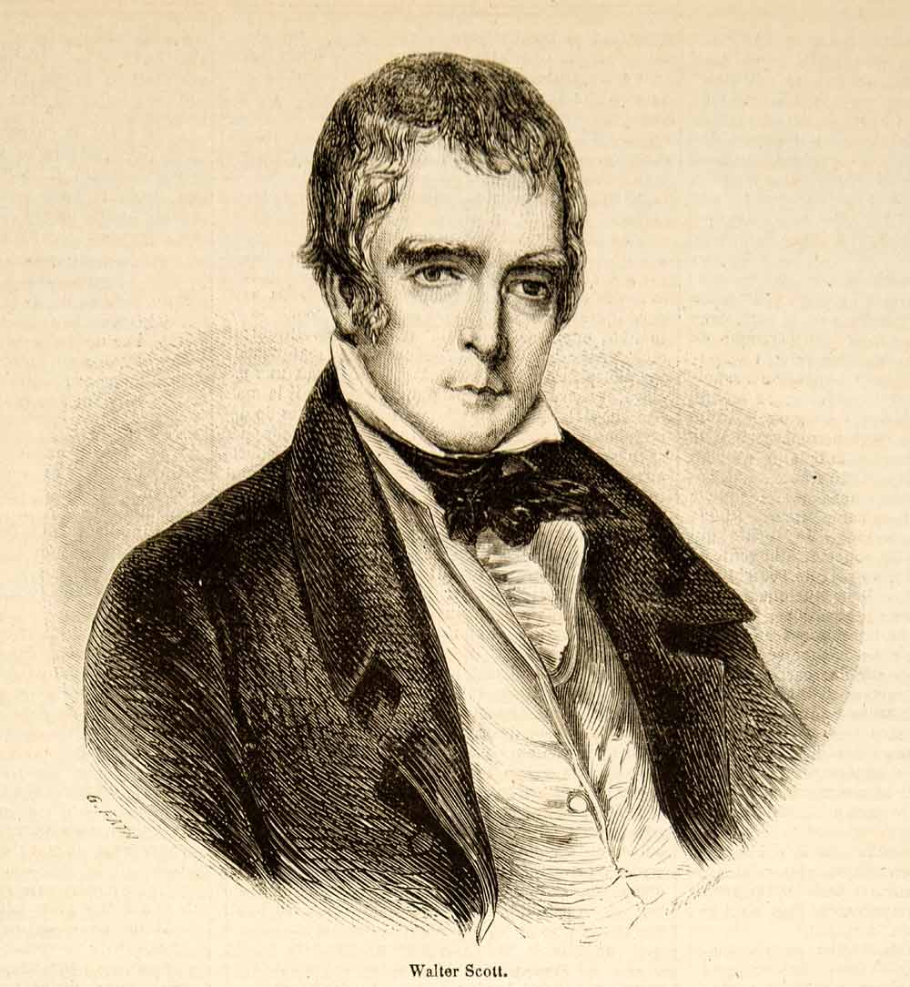 1857 Wood Engraving Walter Scott Portrait Scottish Poet Literary Figure YJPT1
