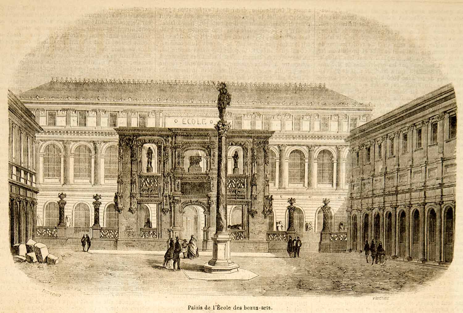 1857 Wood Engraving Palais Ecole Beaux-Arts Paris Column Nationale