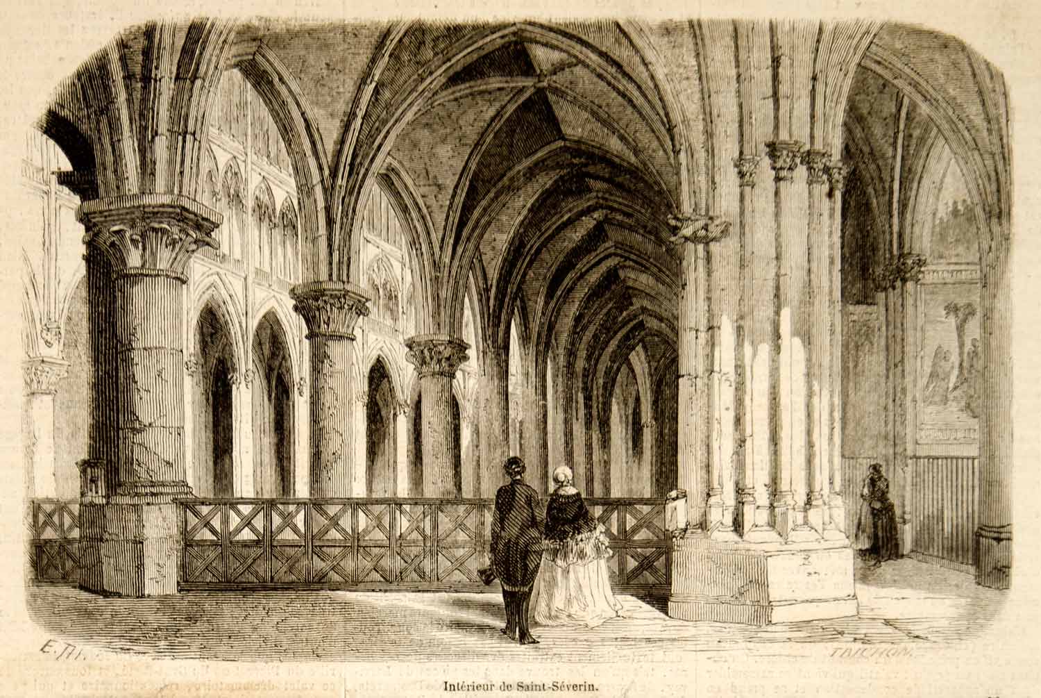 1857 Wood Engraving Interior Saint Severin Church Paris Architecture YJPT1