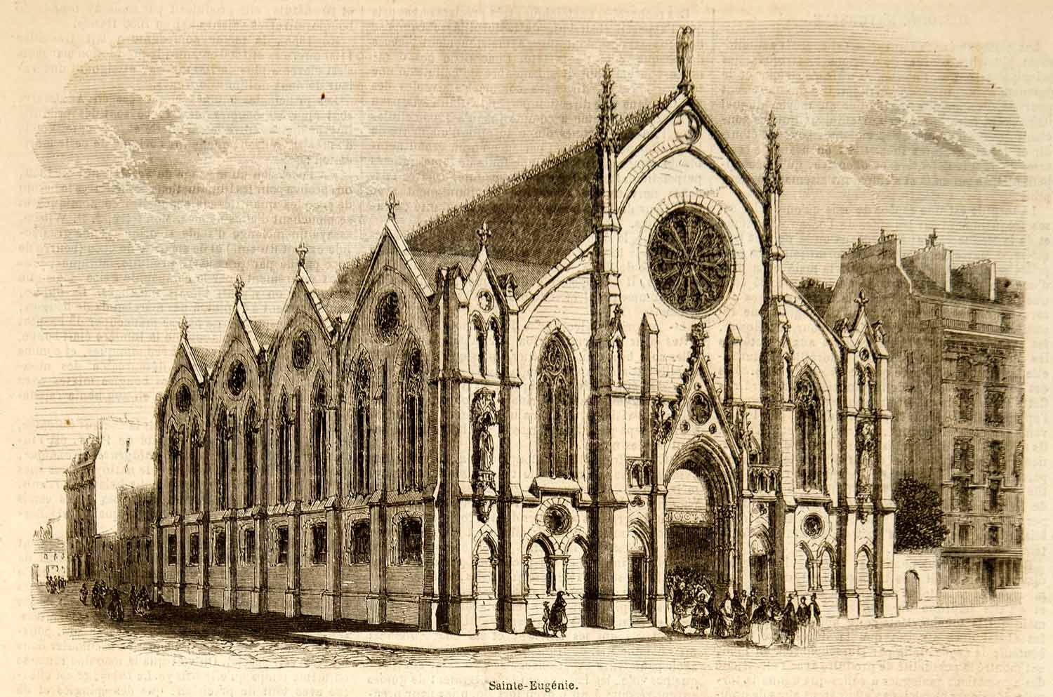 1857 Wood Engraving Saint-Eugenie Church Architecture Buttresses Boileau YJPT1