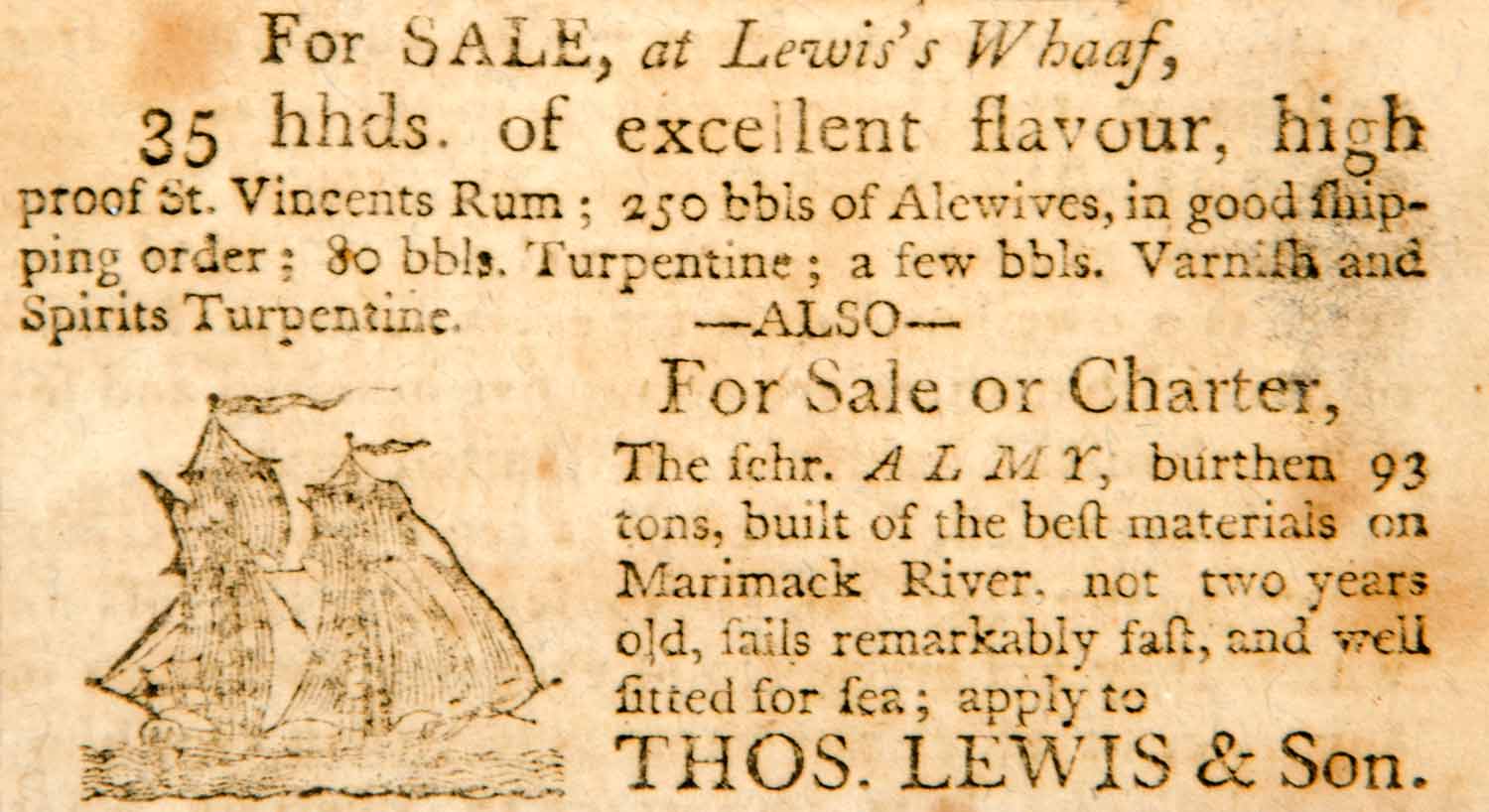 1798 Ad Lewis Wharf St. Vincent's Rum Alewives Turpentine Almy Marimack YJR1