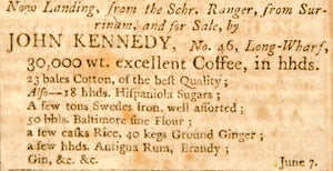 1798 Ad John Kennedy Ranger Surrinam No. 46 Long-Wharf Coffee Antigua Rum YJR1