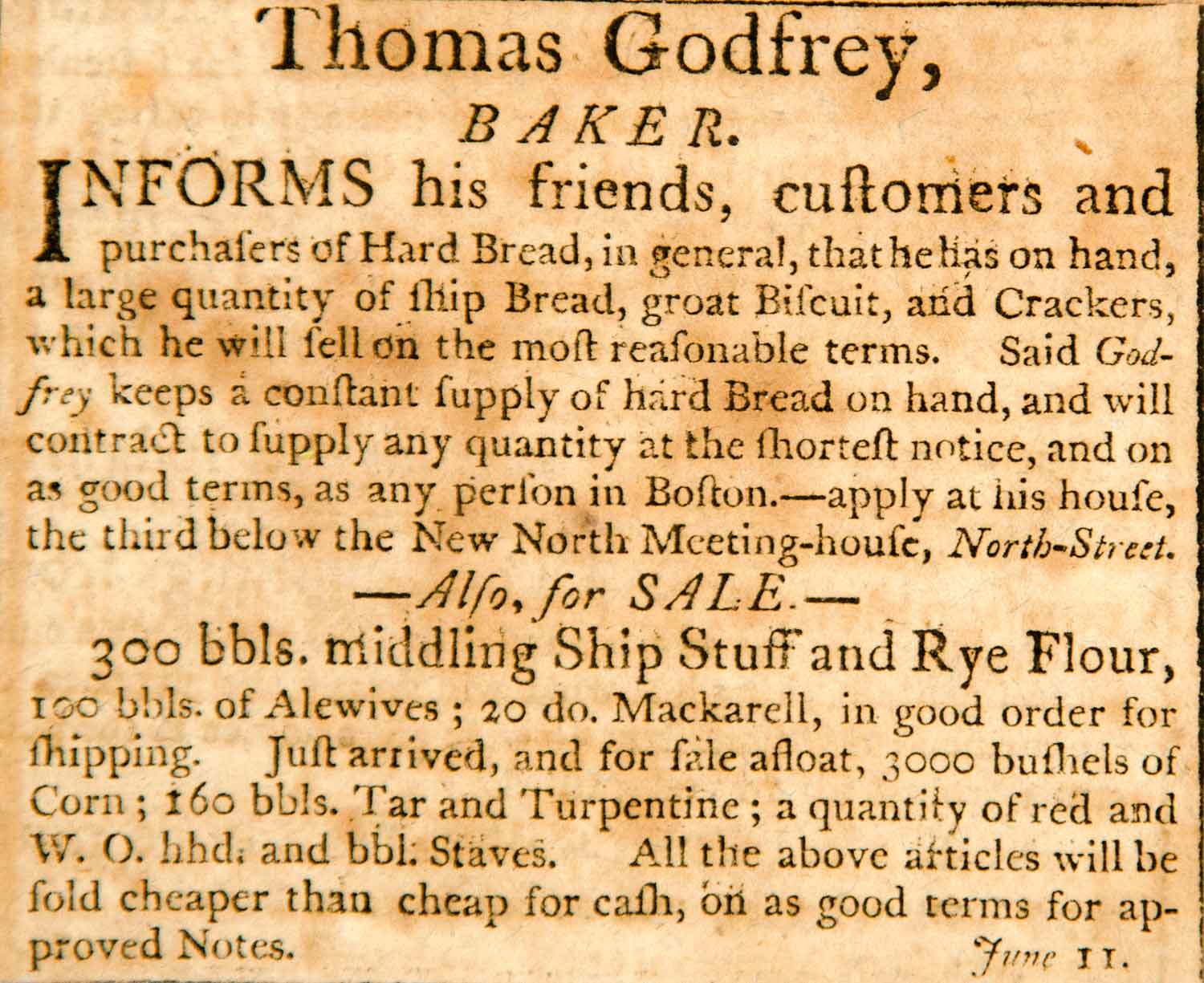 1798 Ad Thomas Godfrey Baker Mackarell Corn Tar Turpentine Boston Crackers YJR1