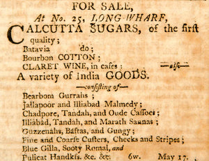 1798 Ad No. 25 Long Wharf Calcutta Sugars Claret Wine Bearbom Gurrahs YJR1