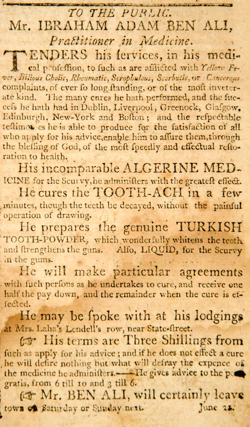 1798 Ad Ibraham Adam Ben Ali Doctor Medicine Turkish Toow-Powder Scurvy YJR1