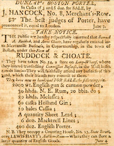 1798 Ad Dunlap J Hancock No. 8 Merchant's Row Boston Ruddock Choate Rum Gin YJR1