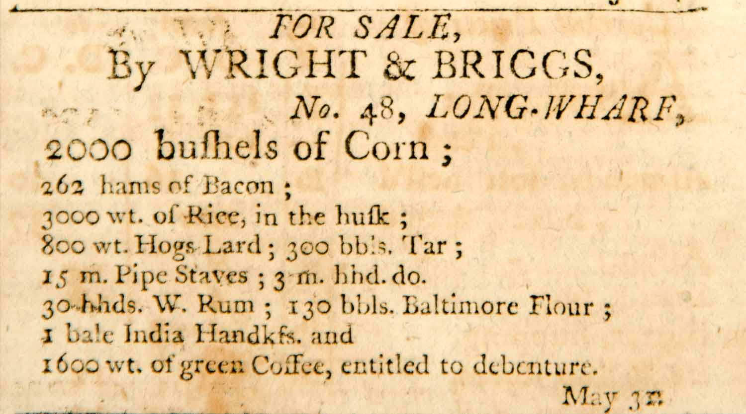1798 Ad Corn Bushels Wright Briggs Agriculture Tar Bacon Hog Pig Farm Flour YJR1