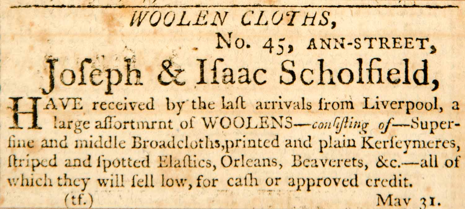 1798 Ad Woolen Cloths Joseph Isaac Scholfield Liverpool Boston Fabric YJR1