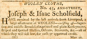 1798 Ad Woolen Cloths Joseph Isaac Scholfield Liverpool Boston Fabric YJR1