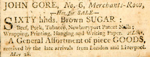 1798 Ad John Gore Merchant Row Boston Brown Sugar Agriculture Produce Crop YJR1