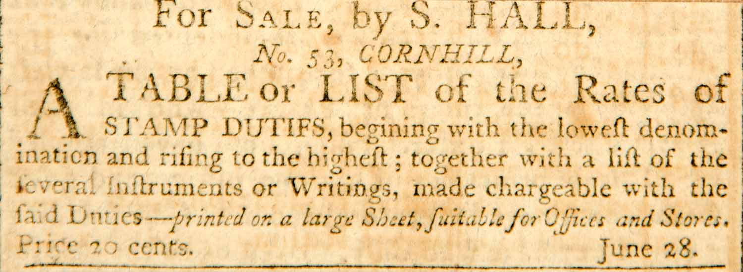 1798 Ad Table List Stamp Duties S. Hall Boston Massachusetts Cornhall YJR1