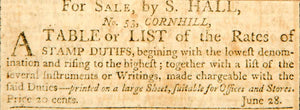1798 Ad Table List Stamp Duties S. Hall Boston Massachusetts Cornhall YJR1
