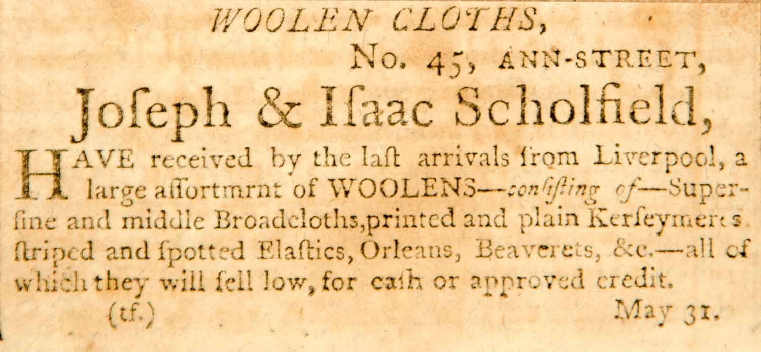 1798 Ad Woolen Cloths Textile Fabric Joseph Isaac Scholfield Boston YJR1