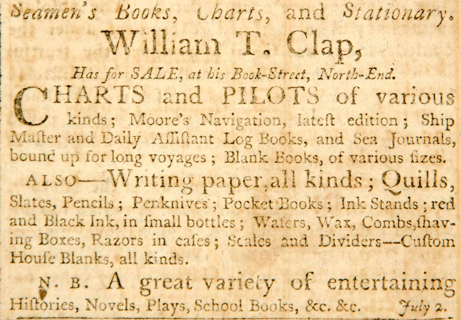 1798 Ad Seamen Books Charts Stationary William T Clap Boston Ship Sail Crew YJR1